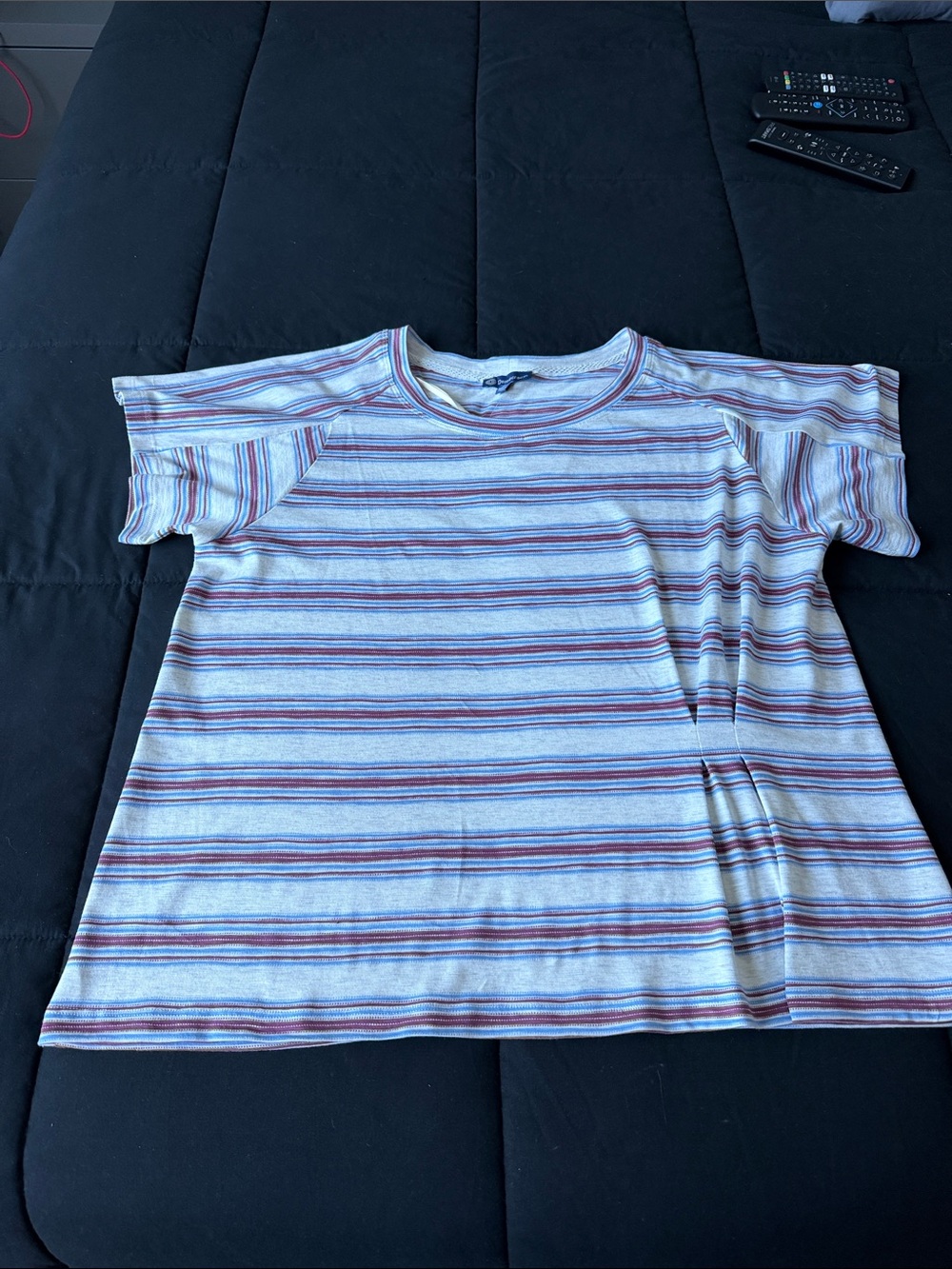 Democracy Womens Short-Sleeve Tee in Light Blue and Red Stripes Front pleat